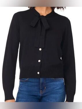 CeCe Black Front Tie Button Tie Sweater Size M